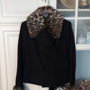 INC International Concepts Black Pea Coat with Faux Fur Animal Print